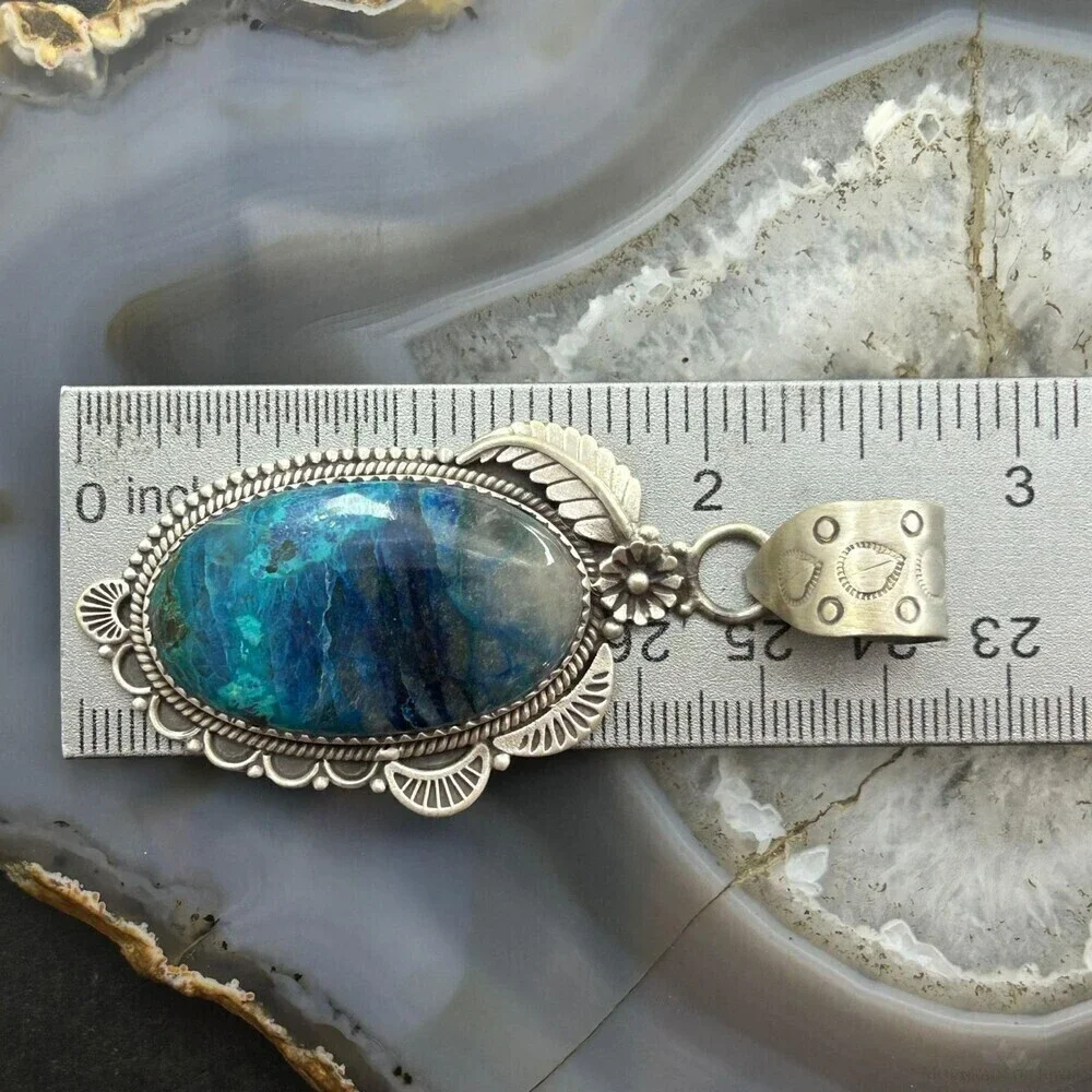 Sterling Southwestern Style Elongated Shattuckite Decorated Pendant For Women